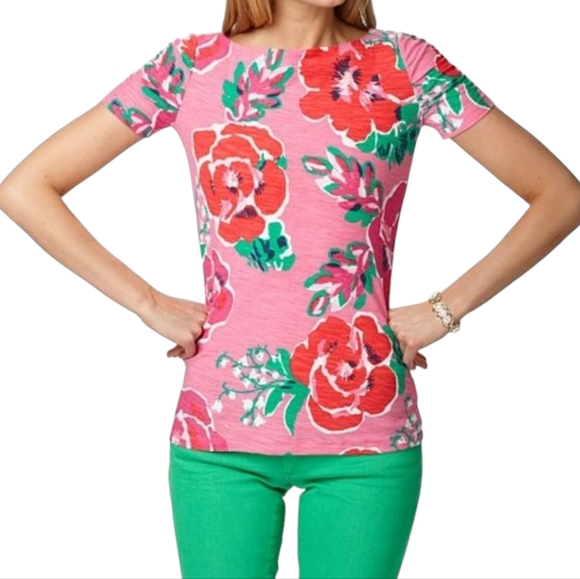 Lilly Pulitzer Pink Floral Ruched Puff Sleeve Slim Fit T-Shirt Size L - Picture 7 of 11
